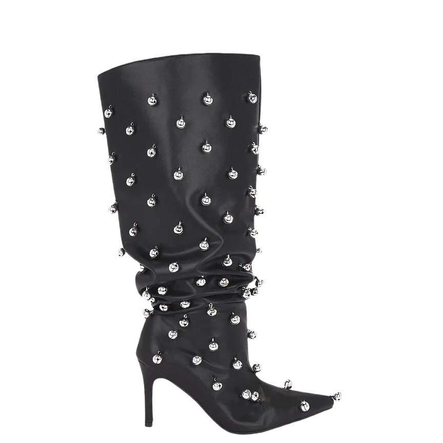 

Женские сапоги-ботфорты из лакированной кожи с жемчужными заклепками, на шпильке, в гламурном и дерзком стиле, для осенне-зимних вечерних образов