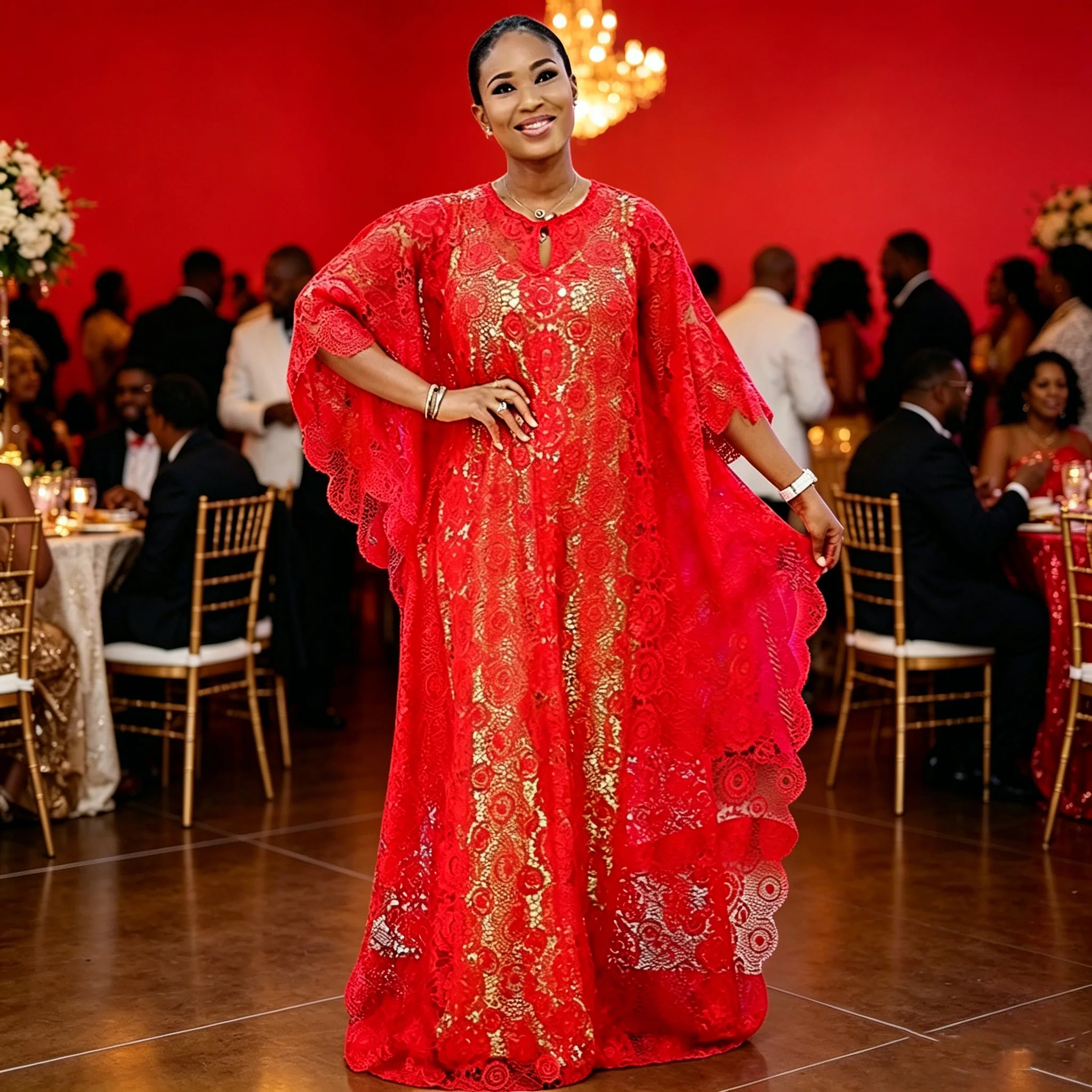 

Women African Red Lace Maxi Dress 2PCS Set Elegant Embroidery Cape Sleeve Abaya Muslim Long Dress Party Evening Gown Dubai Kafta