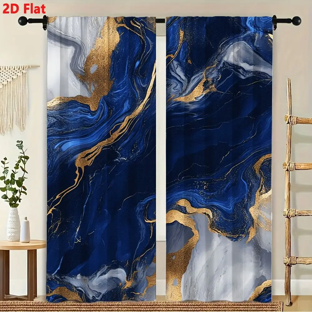 

2Pcs Curtain Navy Blue Gold Marbled Veins Window Drapes For Bedroom Living Room Decoration Window Treatment.