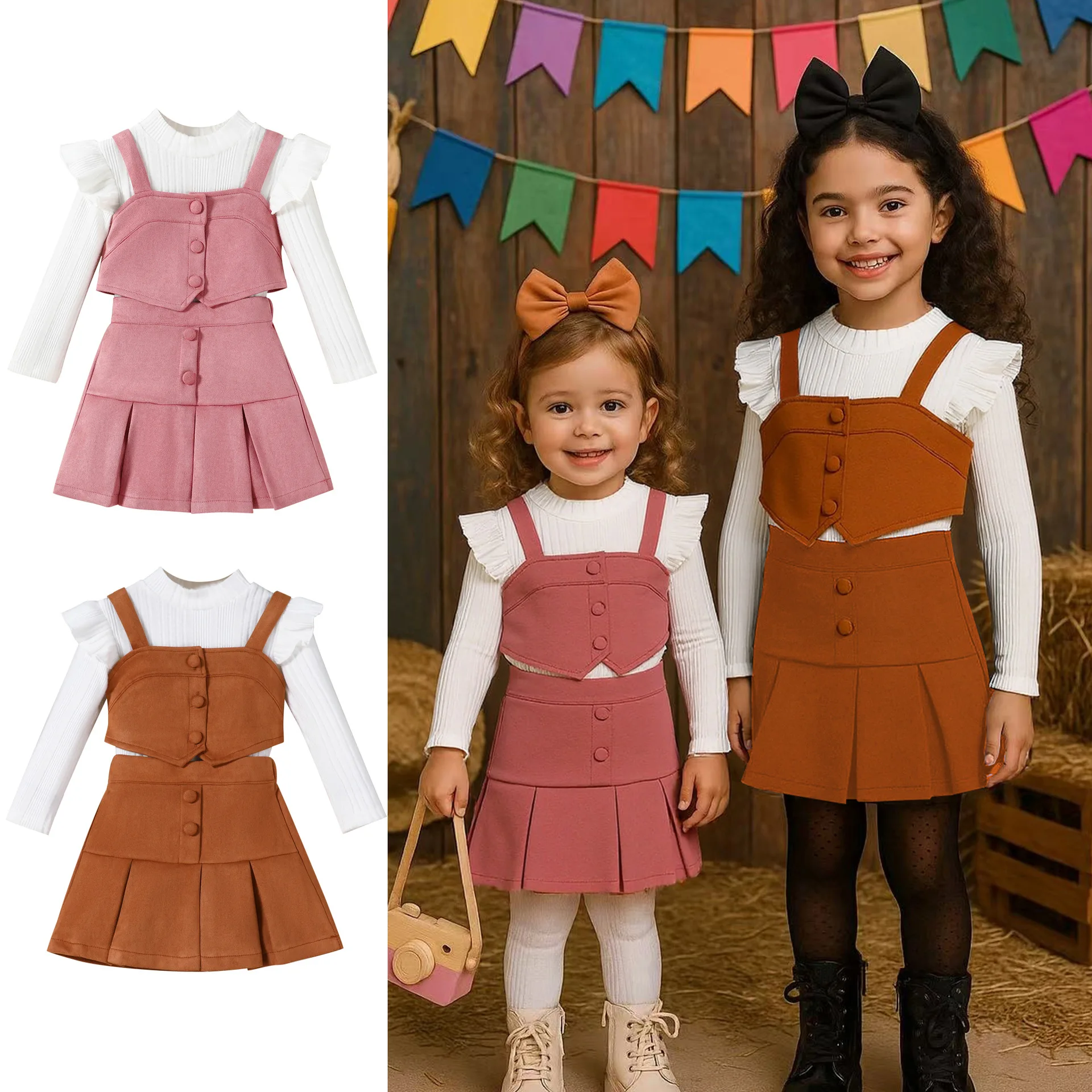 

Осенне-зимняя одежда для маленьких девочек, футболка с длинными рукавами в корейском стиле + майка, жилет + юбка, комплекты из 3 предметов для детей, повседневная одежда