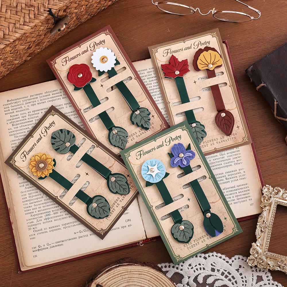 2 Pcs Long Strip Leather Bookmarks Floral Leaf Page Markers for Journal Planner Reading Great Gift for Women & Students