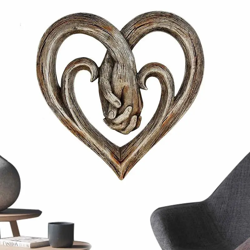 Wooden Heart Holding Hands Wall Decor Sculpture Wall Art Handshake Pendant Craft Statue For Home Offices Wall Decorations