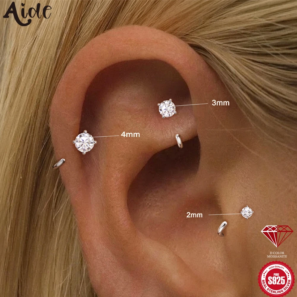 Aide 2/3/4mm Moissanite Stud Earrings for Women S925 Sterling Silver Curved Hook Hanging Earring Dainty Wedding Bridesmaid Gift