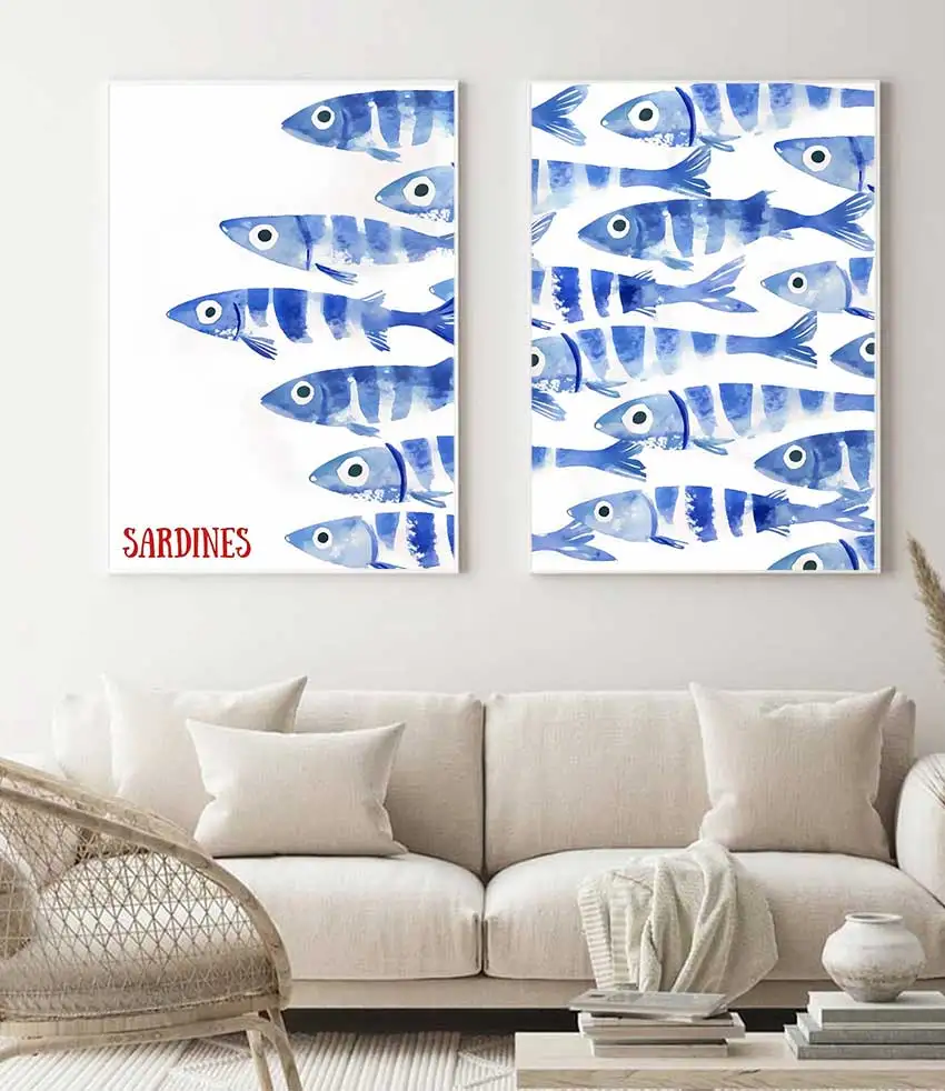 2pcs Blue Sardines Fish Canvas Prints Poster Japanese Funny Cute Art Style for Kithren,living Room Wall Home Decor