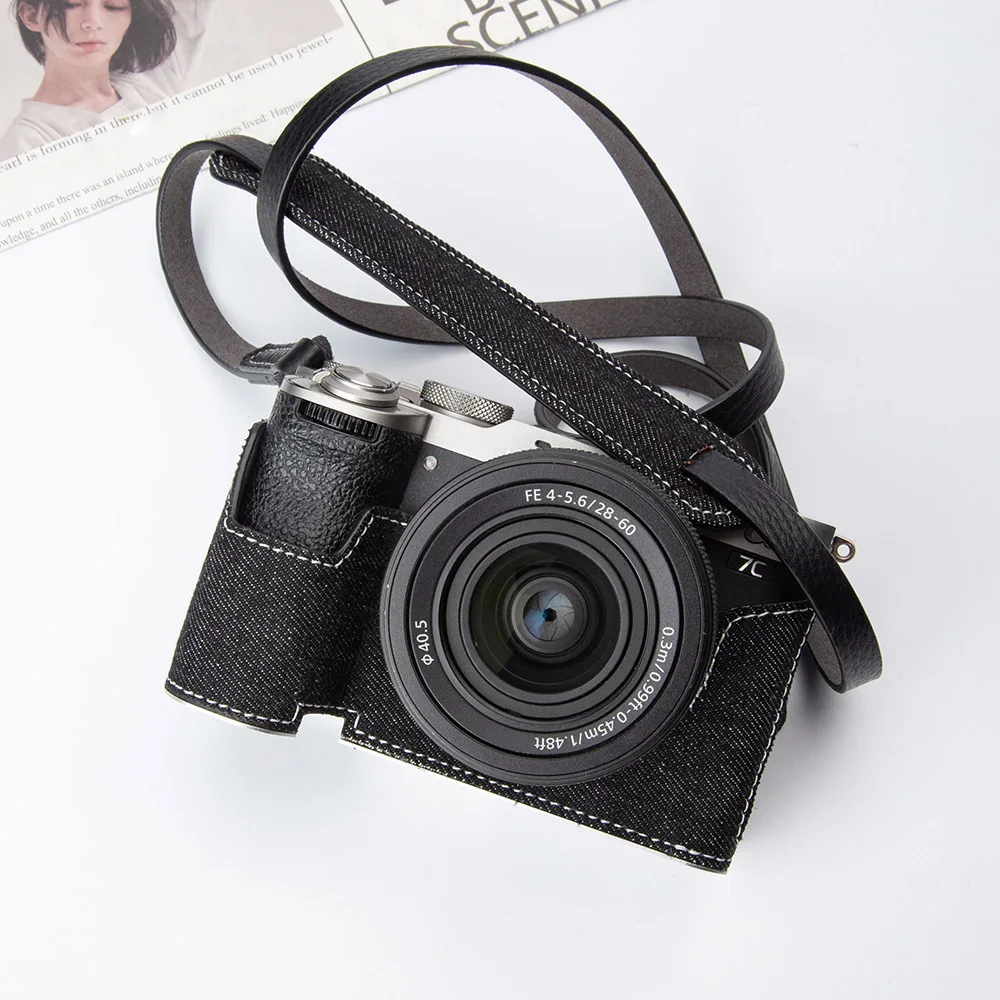 For Sony A7CM2 Case Vintage Denim Material Handmade Protective Case ILCE-7CM2 Half Case Bag A7C2 Camera Bag with Metal Base