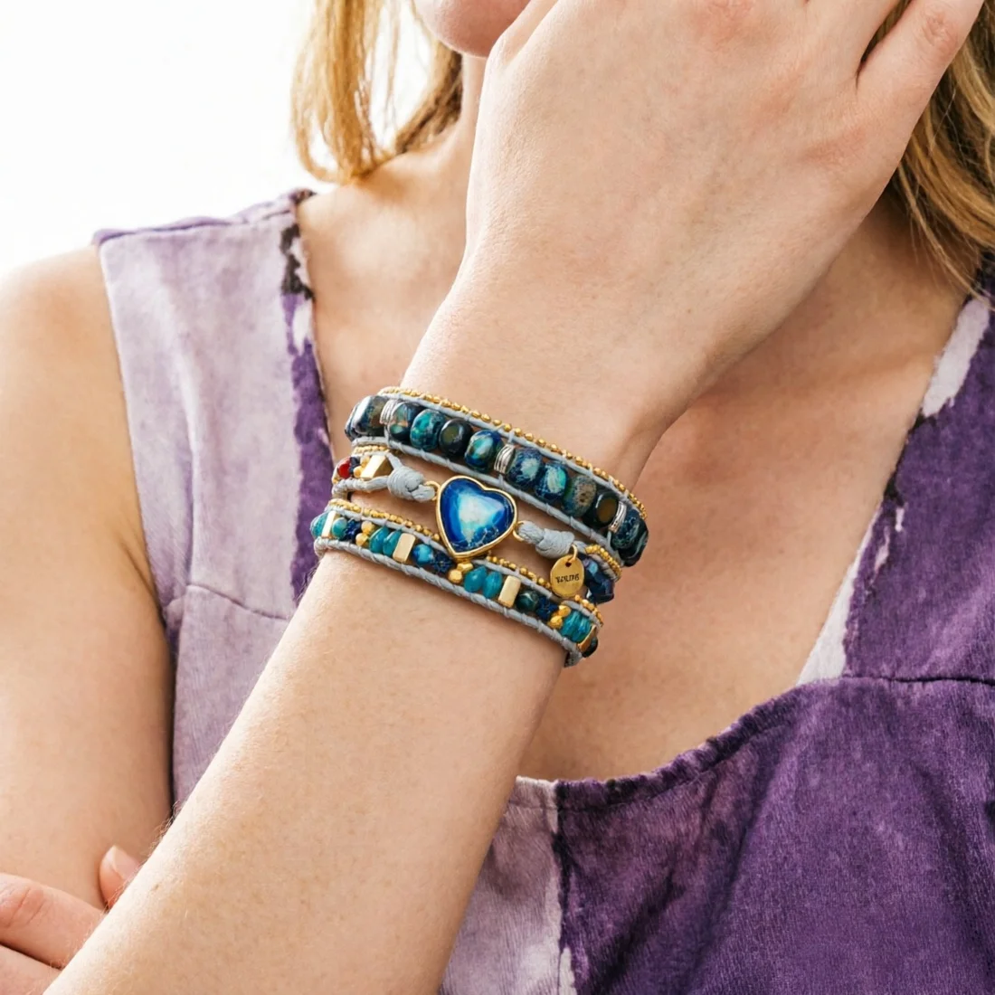 3 Strand Heart Shape Wrap Bracelets Natural Stones Jasper Beaded Cord Braclet Vegan Women Sisters Friendship Jewelry