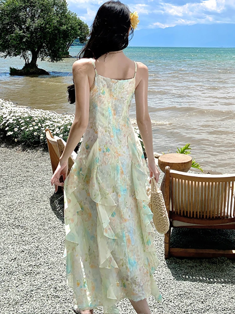 Summer Boho Jacquard Floral Sling Sexy Long Dress Women Elegant Casual Ruffled Prom Clothes 2025 New Korean Body Festival Dress