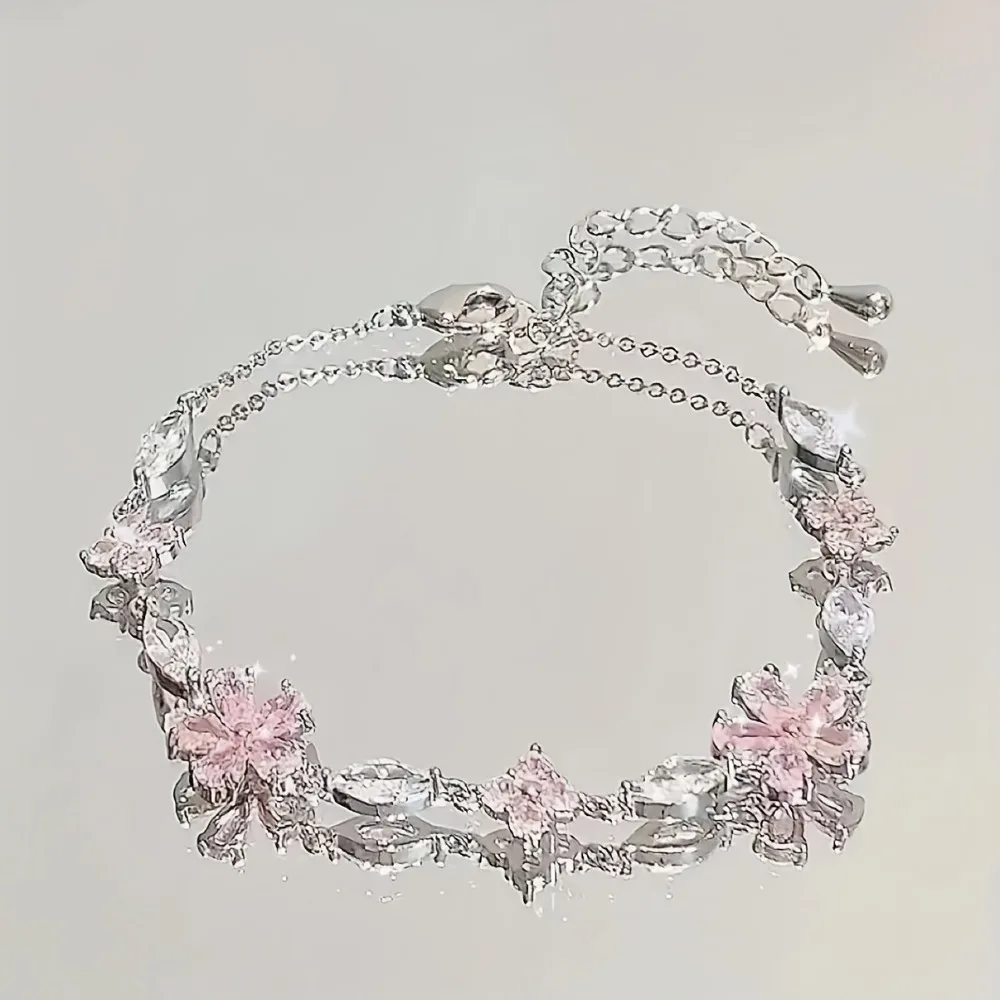 1pc Women's Adjustable Coated Pink Cherry Blossom Bracelet, Square Petal Charms, Elegant Chain, Daily Wear, Chic Gift.