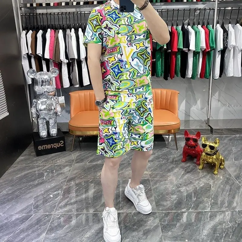 2024 summer suit new short-sleeved shorts men's high-quality two-piece set personalized printing trend handsome