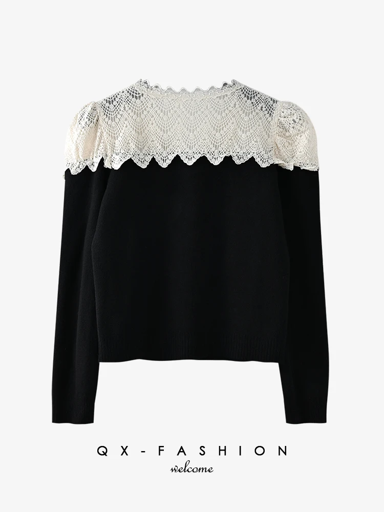 

Ele Long Sve Knitted Sweater V-Ne Bubble Sve Embroidered Patchwork Women's Faion Premium Quali Fiber Sti Ne