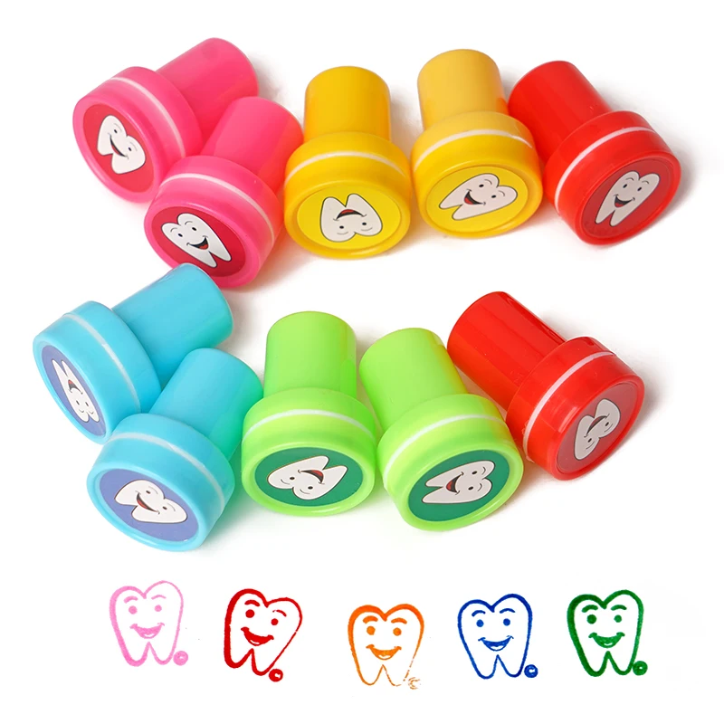 10pcs Colorful Tooth Smiling Shape Stamper Cute Dentist Gift for Kid Children Cartoon Stamp Dentistry Gifts Souvenirs