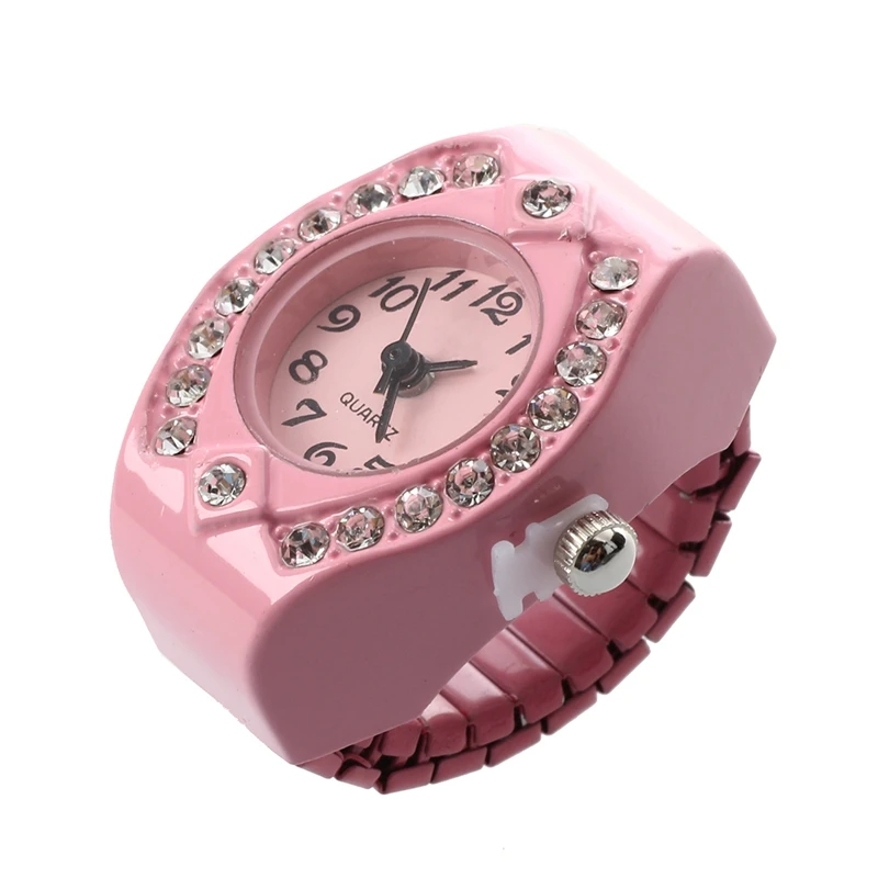 

Women Pink Alloy Quartz Pocket Finger Ring Watch Rhinestone Round Dial