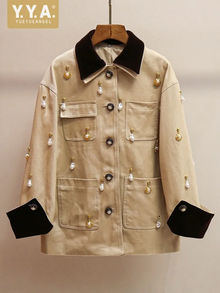 

Ladies Spring Autumn Windbreaker Jacket Single Breasted Patchwork Pendant Tassel Vintage Long Sleeve Loose Fit Office Women Coat