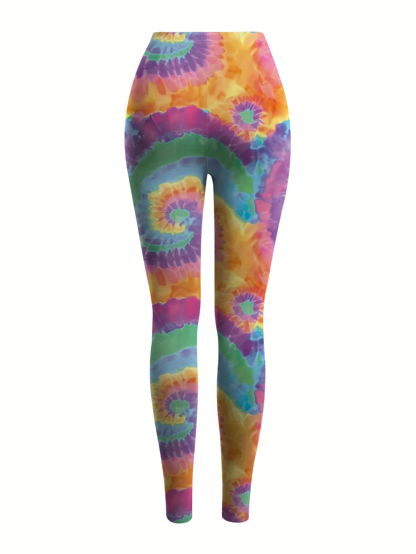 Women Mid‑Waist Fleece Lined Leggings, Rainbow Spiral Tie‑Dye Print, Slim Warm Bohemian Street Festival Casual Daily Pants