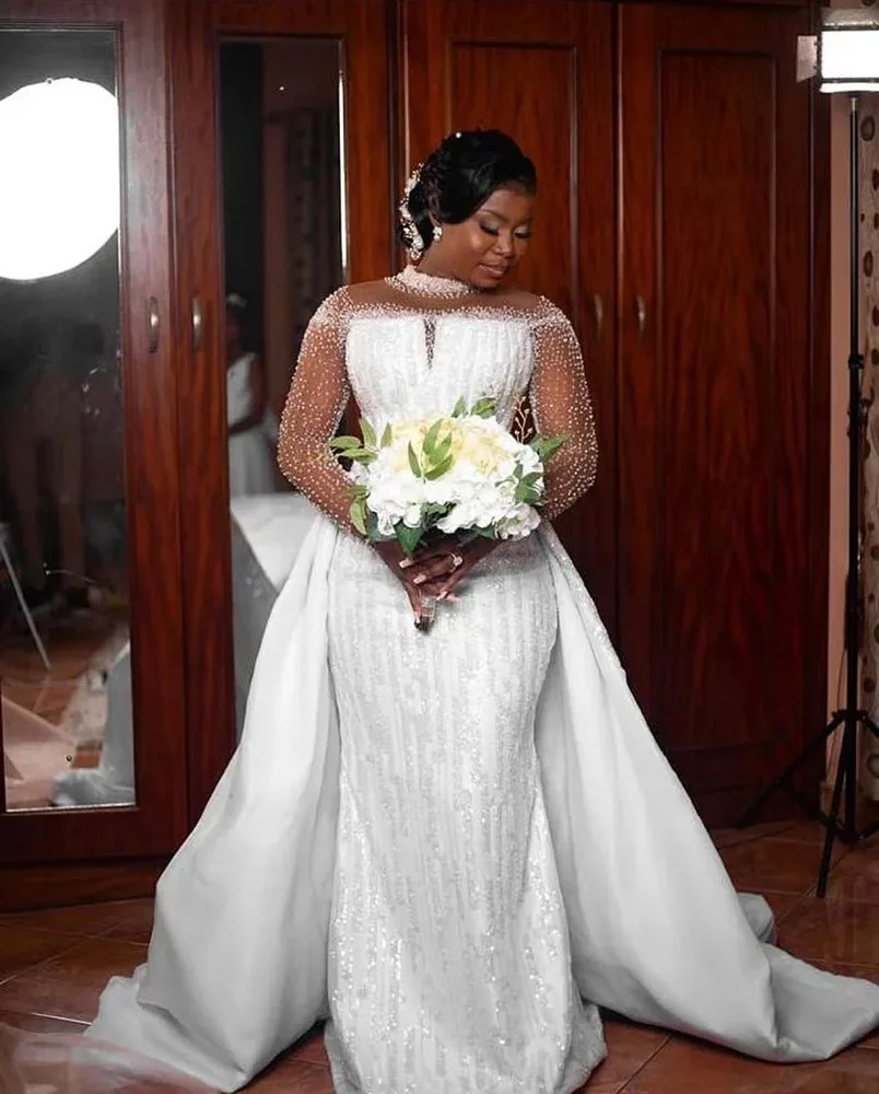 Luxe kralen lovertjes kanten trouwjurk sexy zeemeermin bruidsjurken afneembare trein vestidos novias boda