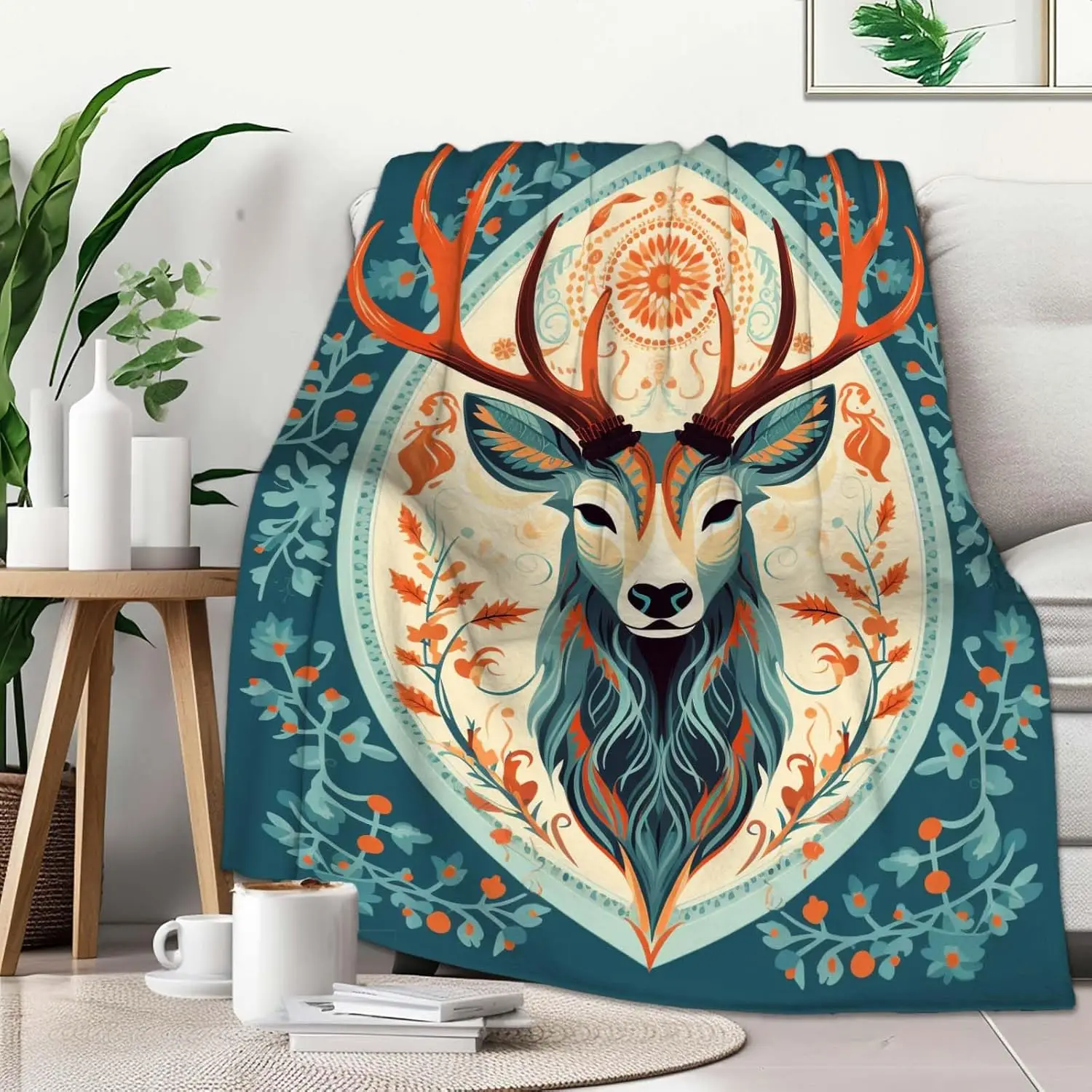 Reindeer Head Print Sofa Sofa Bed Blanket, Soft Christmas Hunting Deer Animal Decoration Gifts for Men and Women, Plush Blanket