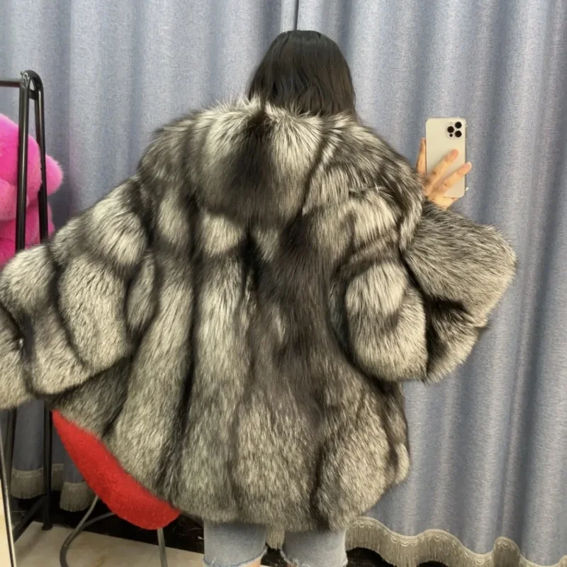 New Fashion Fox Fur Winter Women Jacket Real Natural Silver Fox Fur Coat  Whole Skin Fur Thick Soft  Warm Fox Fur Jacket