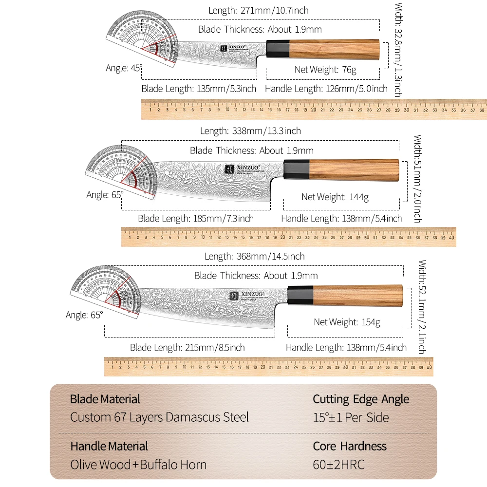 New XINZUO 3PCS Kitchen Knife Set Damascus Steel Utility Knife Santoku Knife Chef Knife 60±2HRC Japanese Octagonal Handle