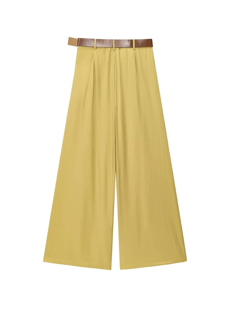 سراويل عالية الخصر واسعة الساق للنساء سراويل نسائية عصرية بحزام أمامي وجيوب جانبية