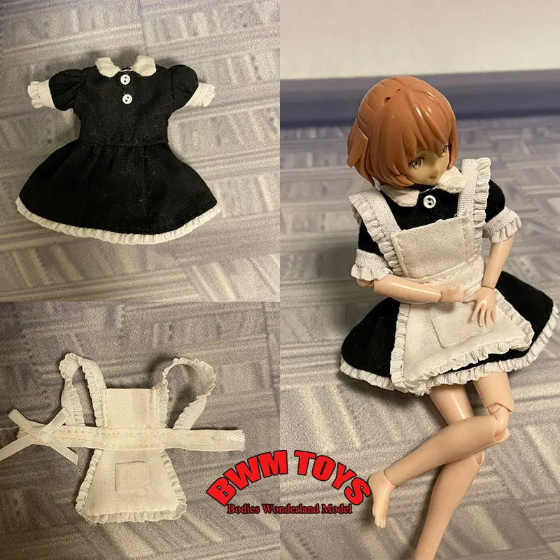 

1/12 Scale Female Soldier Anime Black Dress White Wide Shoulder Strap Apron Model Maid Outfit Set For 6'' Mobile Suit Girl Doll