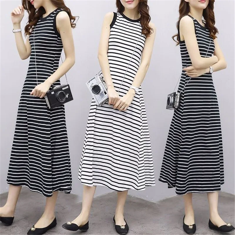 

Temperament Slimming Striped Dress Retro Simple Sleeveless Vest Skirt A-Line Long Skirt