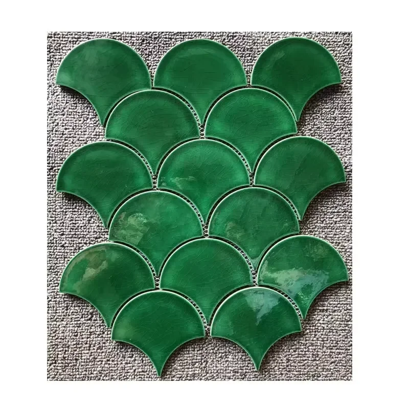 Scale Brick Fan Shaped Ceramic Mosaic Tile Waterproof Glazed Porcelain Mosaic for Bathroom Kitchen Hotel Wall Decoration