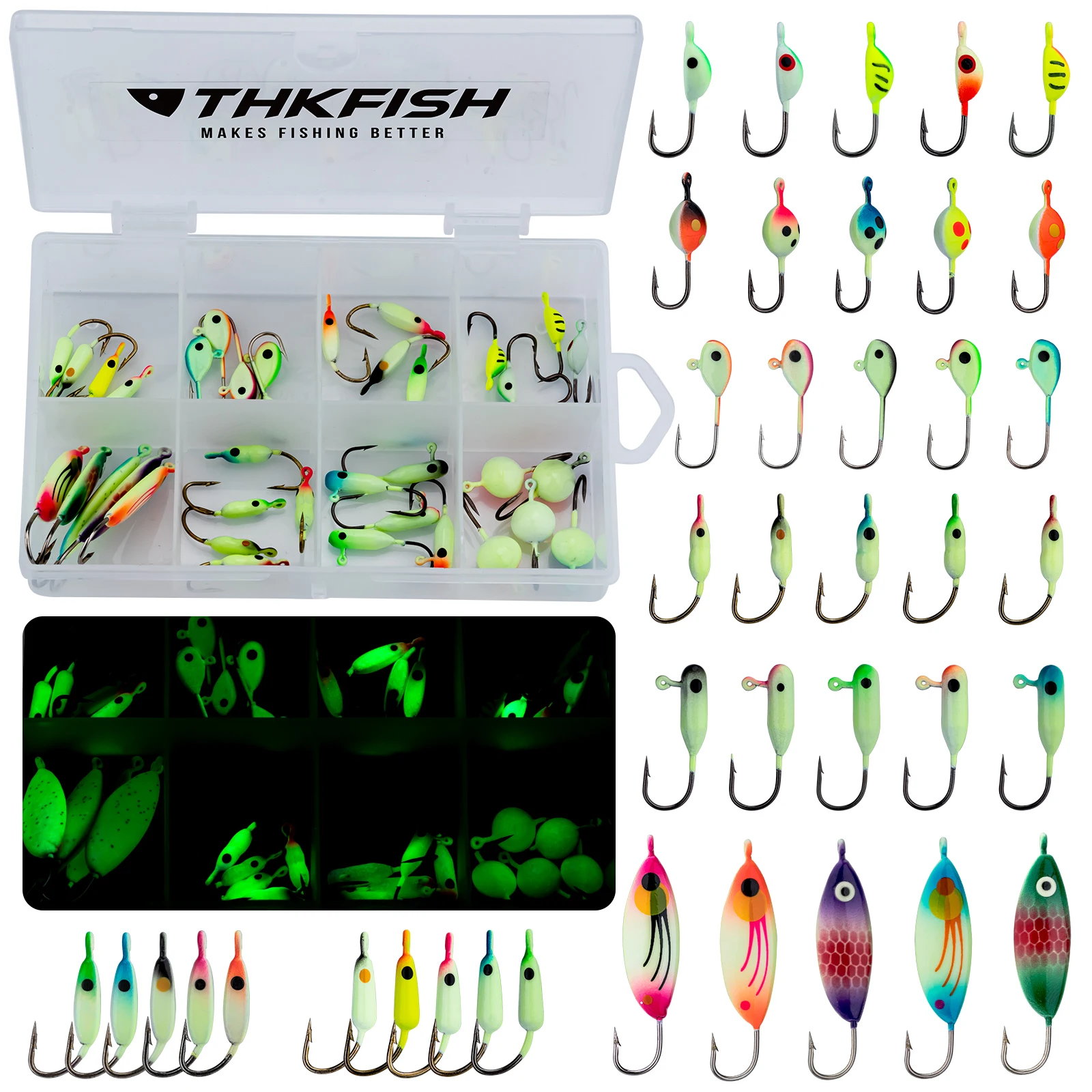 

40pcs Ice Fishing Lures Kit Winter Glow Ice Fishing Jigs Baits 0.8g-5.7g Jigs Head Hooks for Crappie Bass Jigging Lure Set