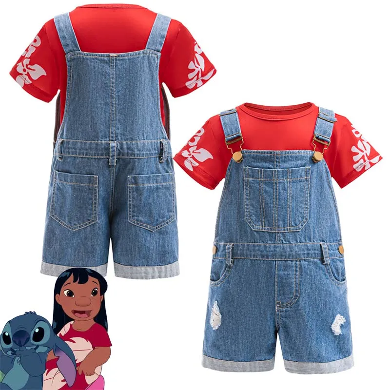 

Lilo Cosplay Costumes Anime Movie 2025 Flower Print Red Shirt Denim Overalls Shorts Causal Wear Halloween Costume