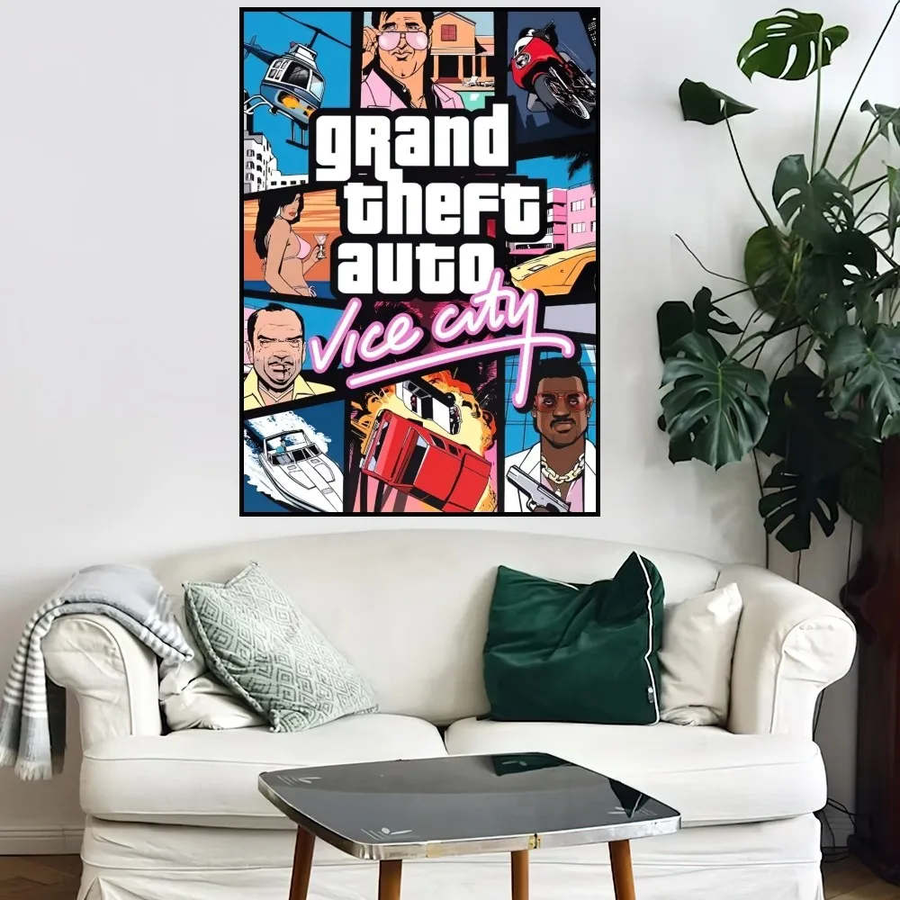 GTA 5 Grand Theft Auto Vice City Game Poster Small Bar Coffee House Decor Aesthetic Art Wall Painting Stickers Indoor