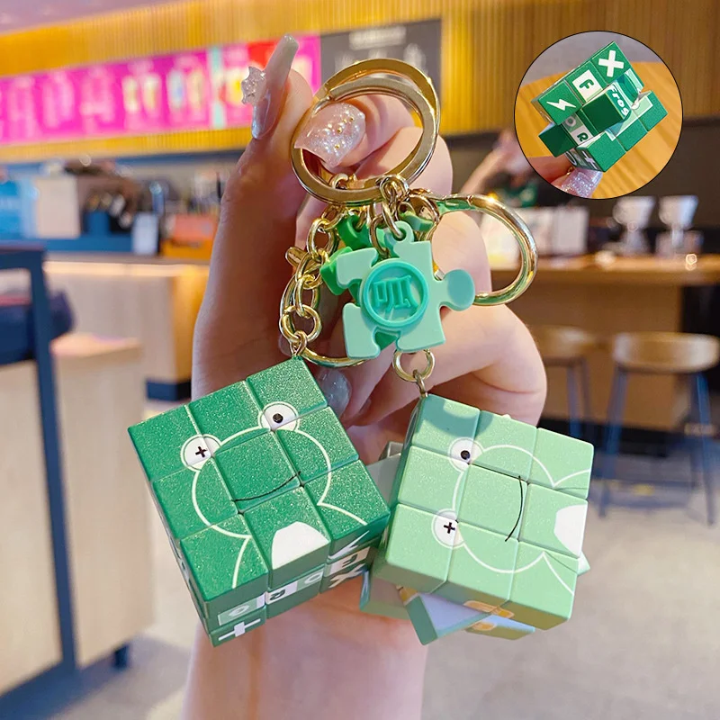 New ABS Cartoon Fun Magic Cube Keychain Cute Green Frog Puzzle Decompression Toy Bag Car Key Ring Pendant Boy Gift