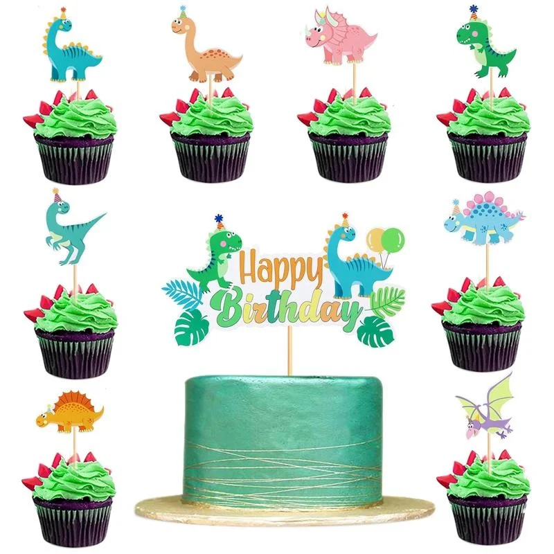 Roar Dinosaur Cupcake Happy Birthday Cake Topper Pick for Dino Theme Baby Shower Kids Birthday Party Decoration Supplies