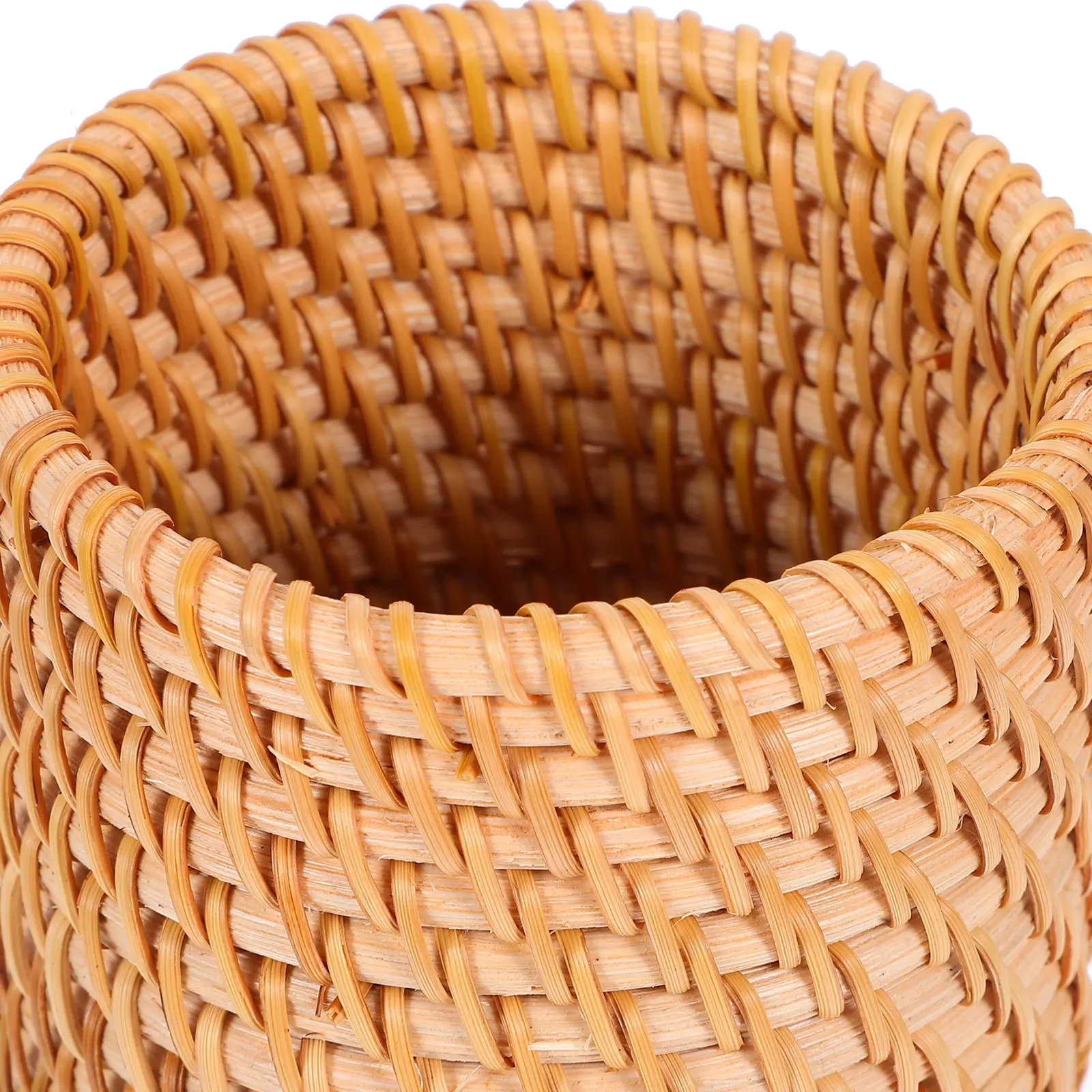 Vintage Rattan Pen Holder Round Base Stationery Organizer Hand-Woven Desktop Basket for Office Desk Stationery Holder