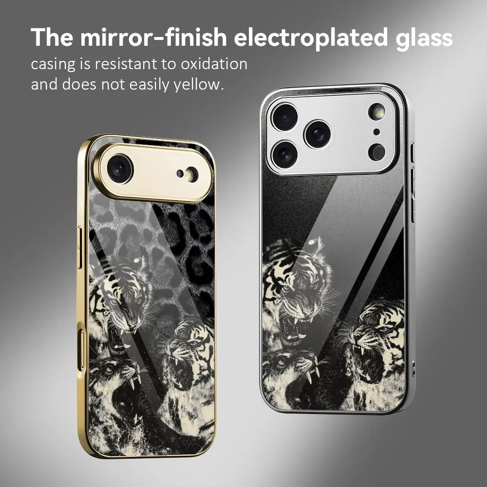 

fashion Tiger retro luxury Phone Case For iPhone 17 16 15 14 13 12 Pro Max Plus Electroplated Metal Bumper Case Tempered