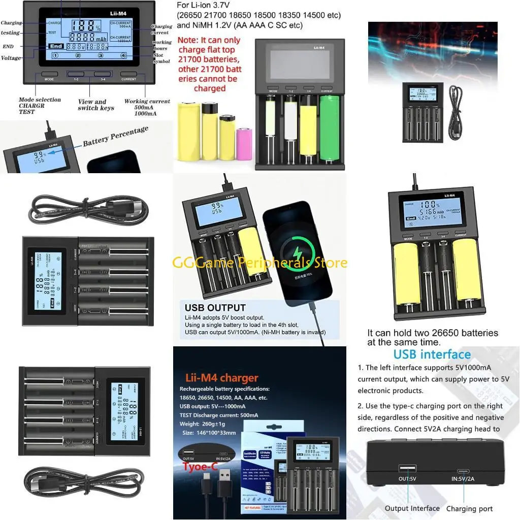 

U55B 4 отсека для цифровой зарядки аккумулятора 4 независимых слота для ячеек 18650, 26650, 22650