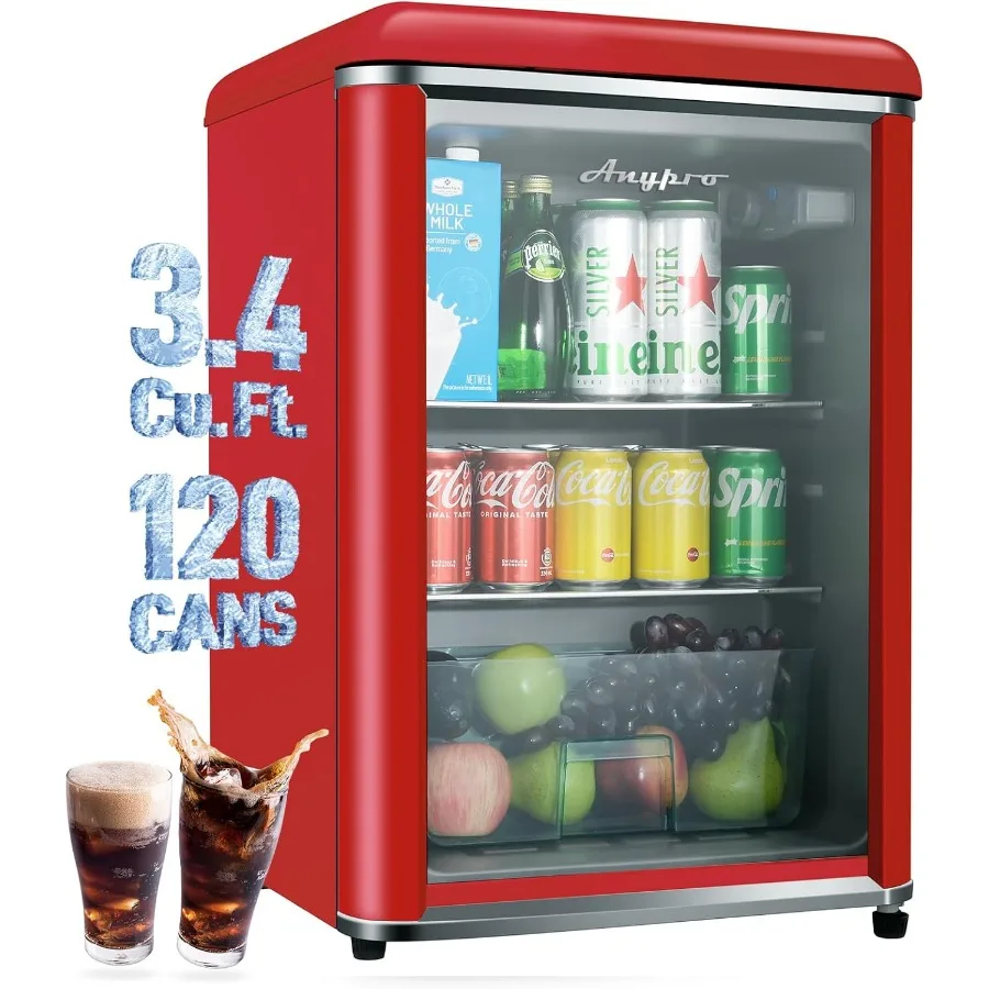 

3.4 Cu.Ft Retro Small Beverage Refrigerator Cooler with Double Tempered Glass Door for Office Bedroom Bar Holds Up to 120 Cans