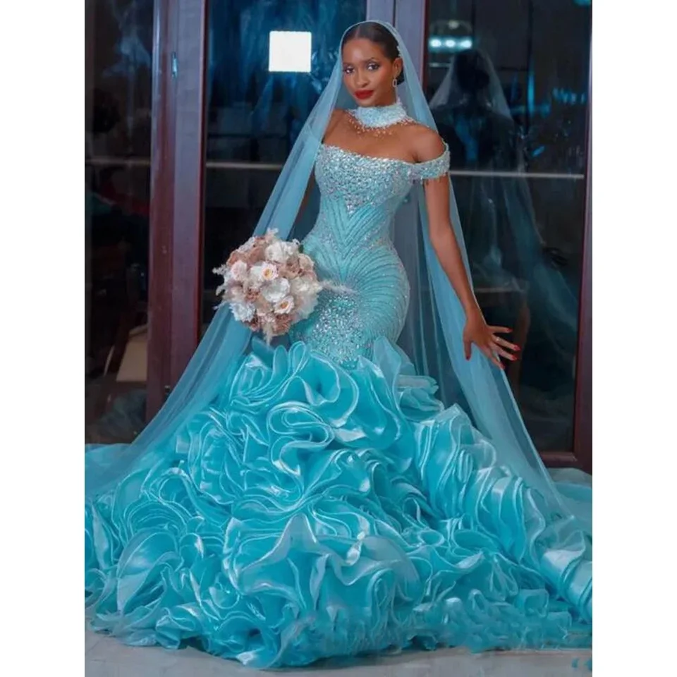 blue mermaid wedding dress Blue Pearl Mermaid Wedding Dresses Tiered Strapless Pageant Dress 2310 –  SELINADRESS