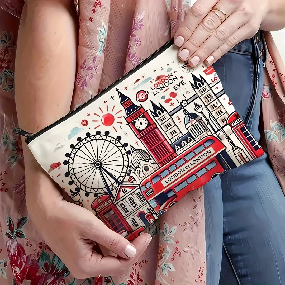 1pc, London Travel Gift Makeup Bag, London City Themed Cosmetic Storage Pouch, Portable Toiletries Organizer