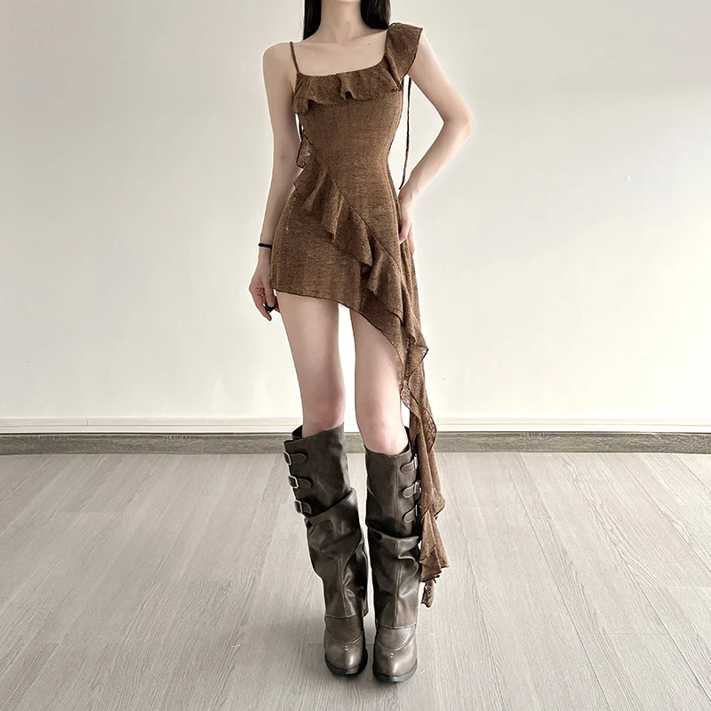 

Waste Soil Style Ruffles Asymmetrical Dress Sexy Slim Slash Neck Sleeveless Super Mini Dresses For Women 2026 Summer Fashion