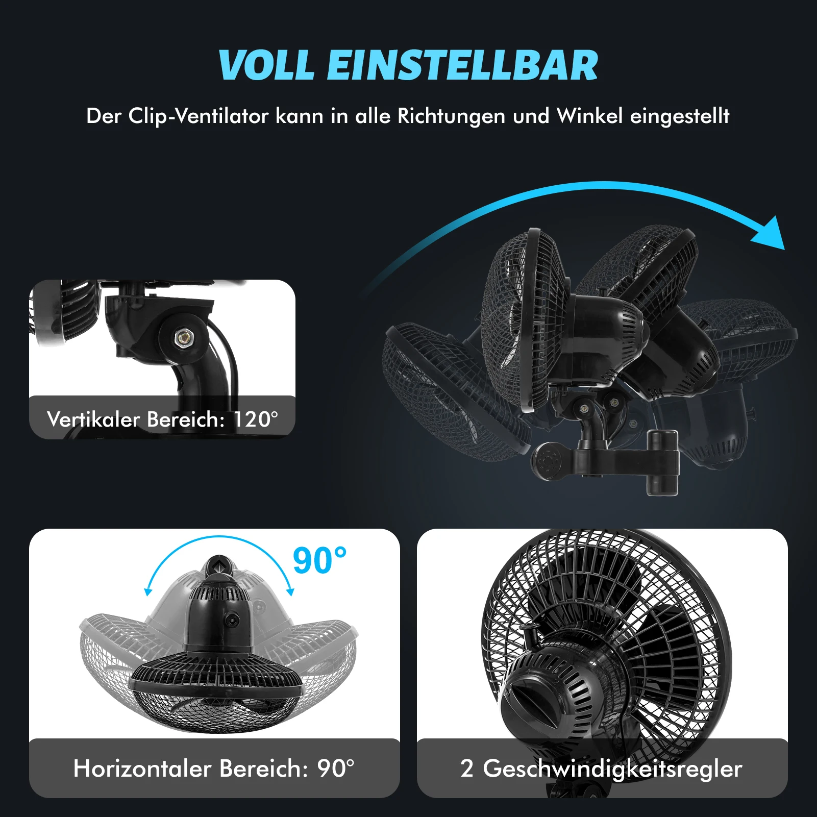 Pflanzenzelt-Clip-Ventilator mit neu entwickeltem, langlebigem EC-Motor, zweistufig einstellbarer Lüfter 90 ° Rotationsventilator mit 22 cm Durchmesser, ideal für hydroponische Systeme und Zirkulationskühlung in Grow-Räumen. – Detail 4