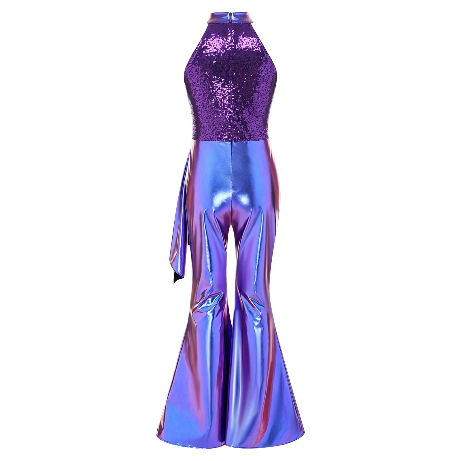 Kids Girls Metallic Flared Pants Rompers Asymmetrical Unitards Jumpsuit Sequined Bodice Ruched Layer Disco Jazz Stage Costume view 4