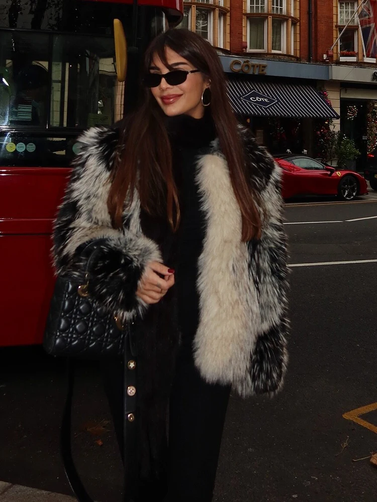 

Fashion Contrast Faux Fur Jackets for Women Elegant O-neck Single Breasted Full Sleeve Female Coats 2025 Winter Chic Lady Jacket