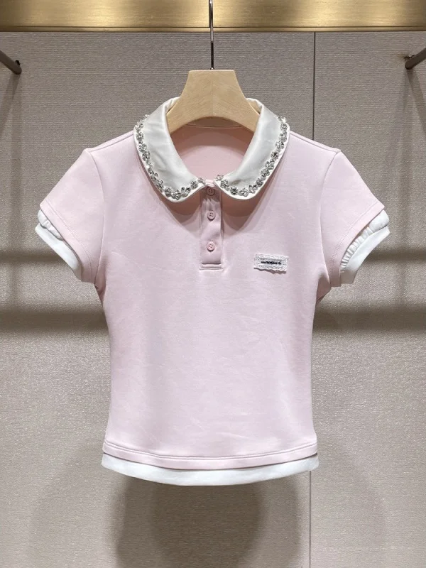 

Unique Outlet Store Short Sleeve Neck T-Shirt Diamond Embellished Korean Style Casual High Waist Loose Fit Women's Top