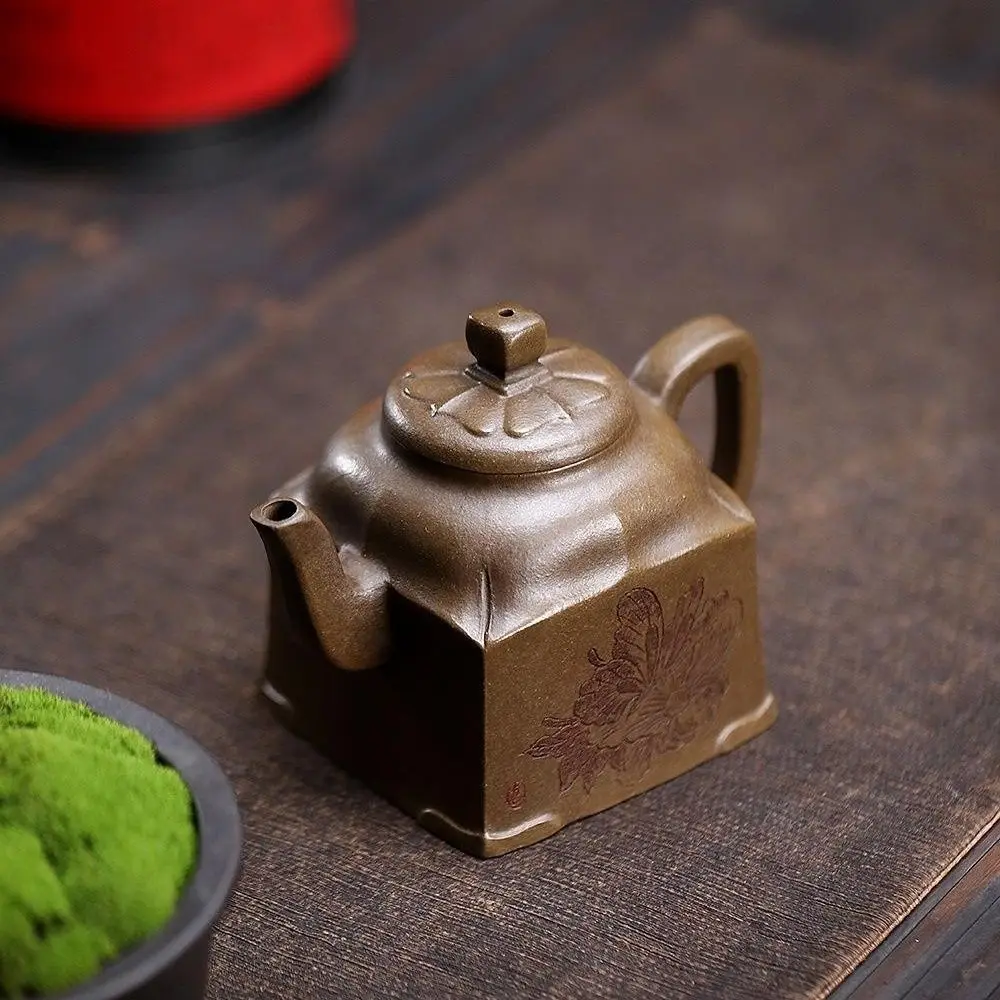 Yixing Zisha Teapot Original Mineral Long Back Green Ancient Method Firewood Fired Square Changle 280Ml Kung Fu Brewing Pot