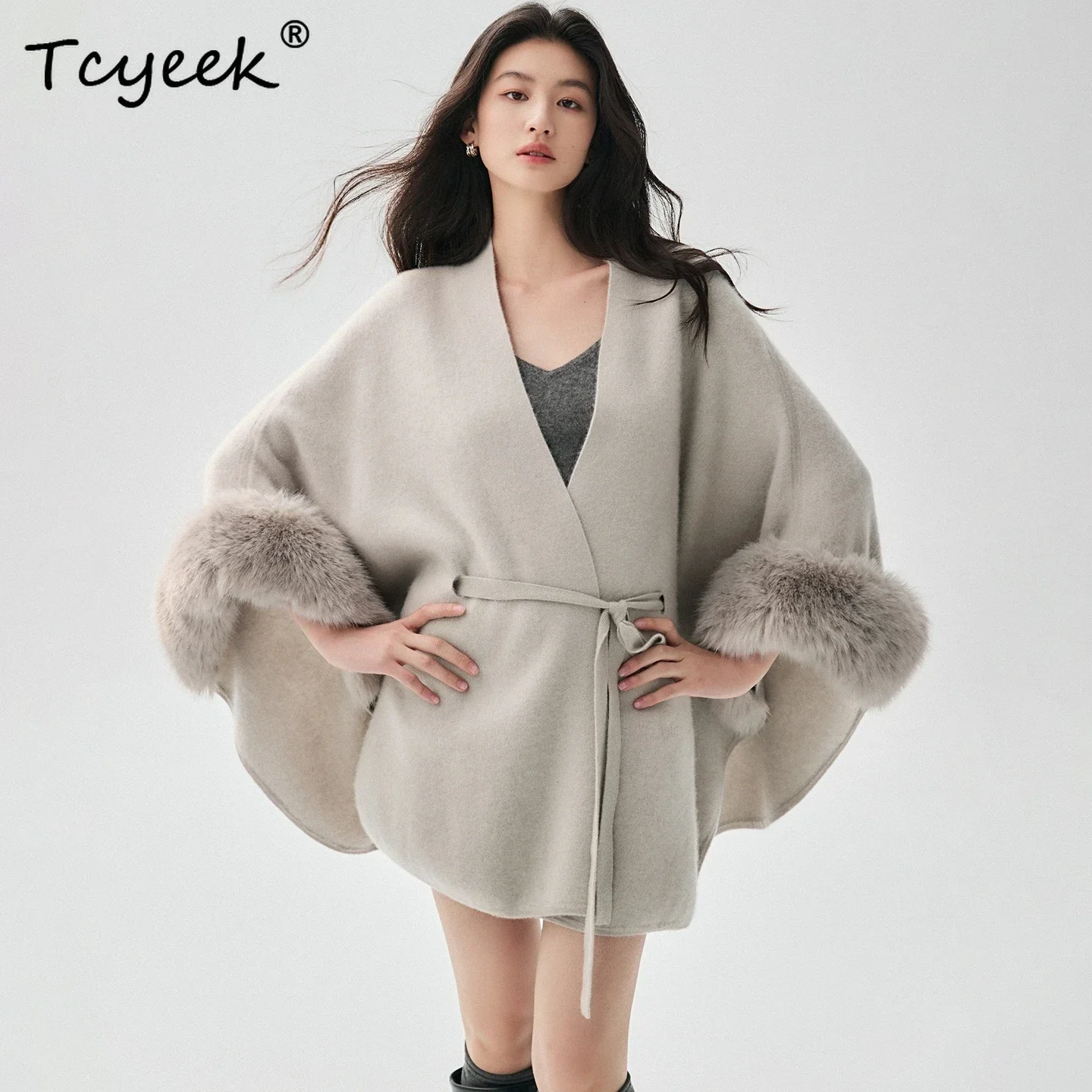 Nobility Women Coat Autumn Winter Poncho Cardigan 100% Cashmere Sweater Shawl Knit Luxury Drawstring Long Robe Fur Collar Cuffs
