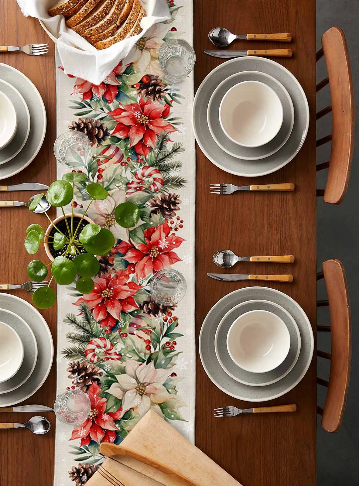 Christmas Poinsettia Berries Cedar Leaves Pine Cones Linen Table Runner Dresser Scarves Decor Kitchen Dining Table Decorations