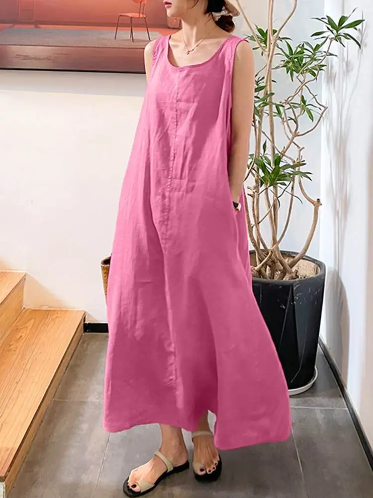 ZANZEA Women Summer Solid Dress Sleeveless O-Neck Drawstring Lady Sundress Korean Oversized Casual Elegant Holiday Beach Dreses