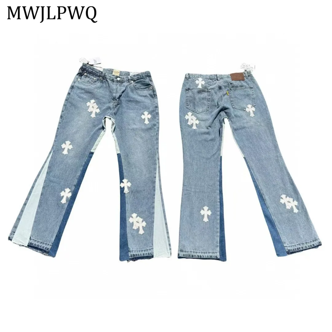 

MWJLPWQ Spliced Leather Denim Flared Pants Male Hiphop Washed Vintage Streetwear Autumn Slimming 2025 Trendy Casual Jeans 11255