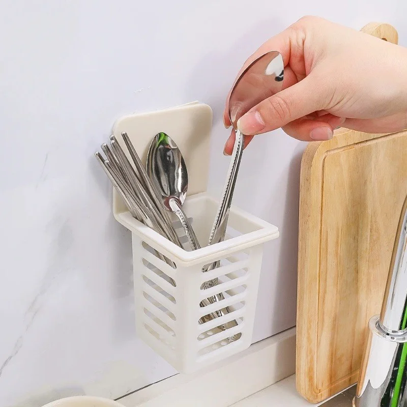 Wall-Mounted Chopstick Cage Multi-Functional Storage Rack Plastic Tableware Chopstick Drain Basket Barrel Home Kitchen Storage