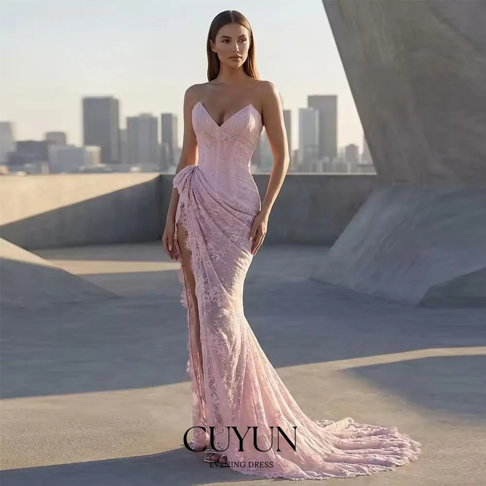 

CUYUN Customized Sexy Pink Lace Evening Dresses High Split Mermaid Strapless Wedding Prom Gowns 2026 Luxury Long Party Gown Gala