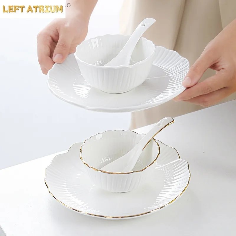 Creative Ginkgo Leaf White Ceramic Bowl, Plate, Spoon and Tableware Set Hotel restaurant setup Household 1-Person Tableware Set
